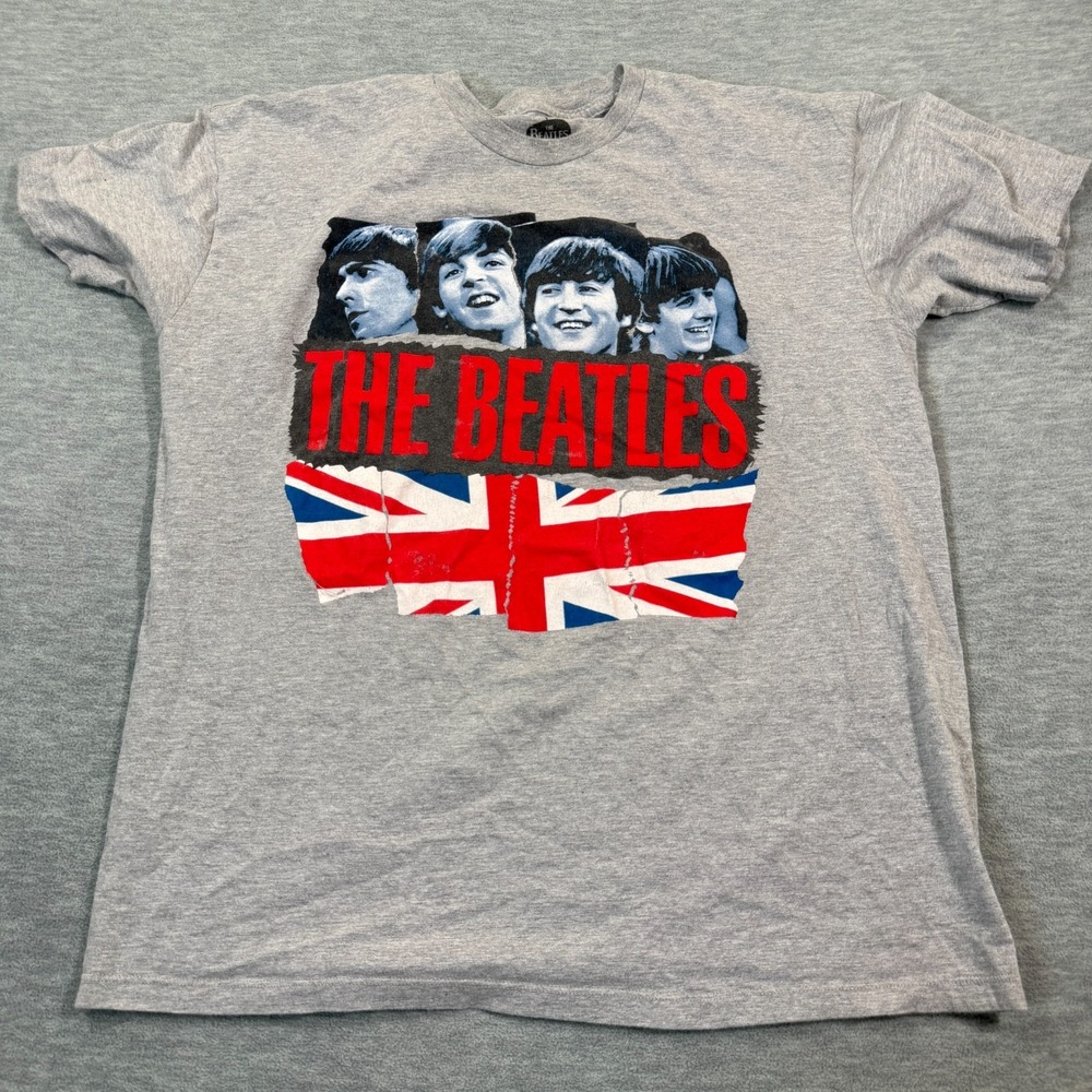 Beatles‎ T-Shirt Men's XL Gray Union Jack Band Graphic Tee Rock Music Vintage
